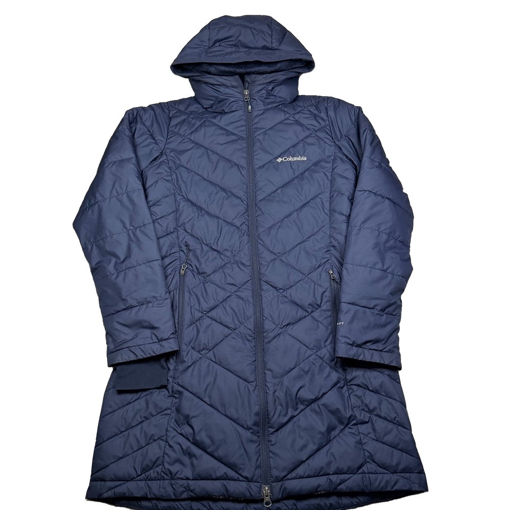 Columbia Omni Heat Long Puffer Coat Womens Small Blue Hooded Winter Full Zip